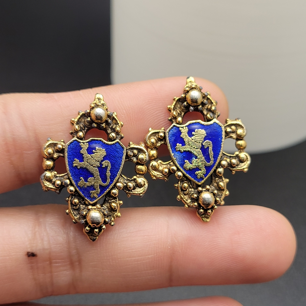 Vintage Gold-Tone Blue Enamel Lion Crest Earrings - Women Jewelry